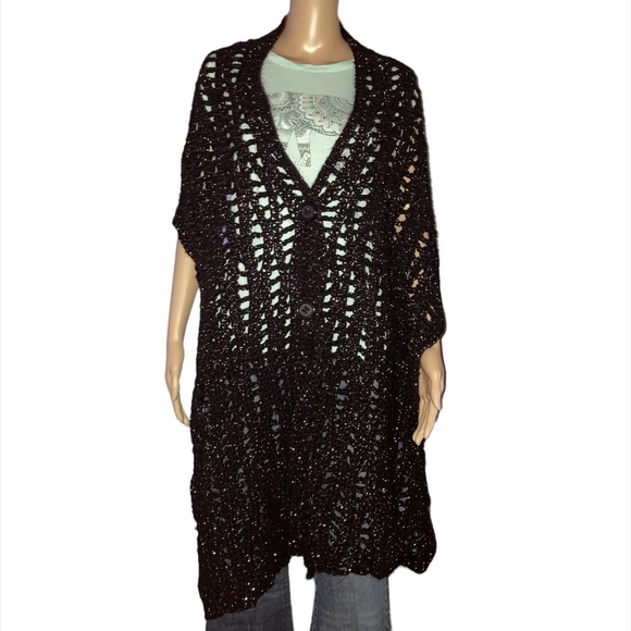 Black & Gold Convertible Scarf Poncho Shawl Wrap Versatile Hand Crocheted OOAK! - Picture 3 of 11